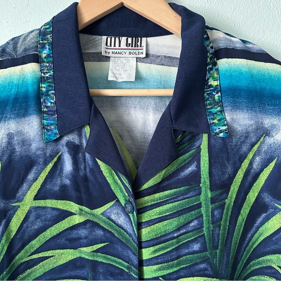 Vintage City Girl Nancy Bolen Palm Leaf Print Shirt Top Size 8 Rayon - Picture 2 of 8